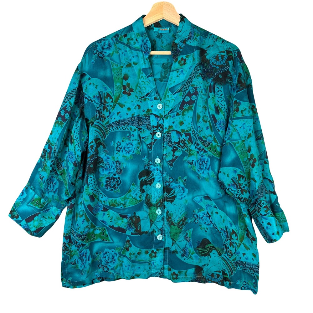 Tianello Tapei Blouse PG-765 Teal Geisha Floral Print Rayon 3/4 Sleeve Small